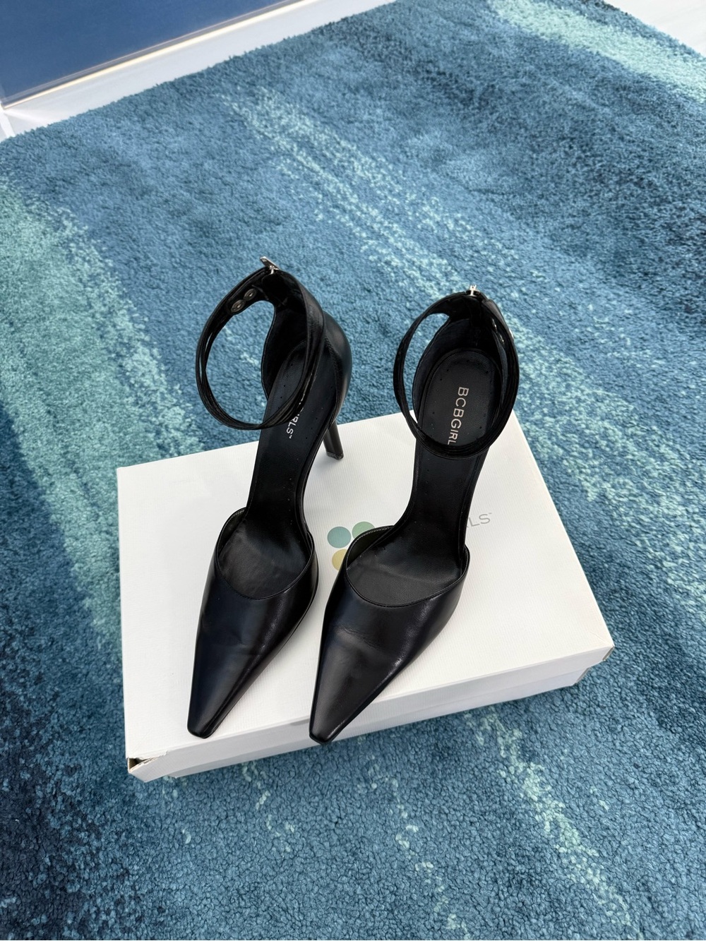 BCBG Black Pointed Ankle-Strap Stiletto Heels with Slim Heel